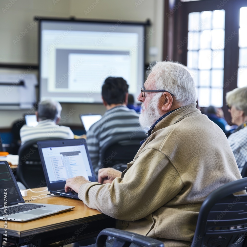 Group of seniors in a nursing home learning together in a computer class Group of seniors in a nursing home learning together in a computer class