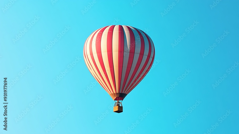 Fototapeta premium Red and White Striped Hot Air Balloon Ascending in a Clear Blue Sky