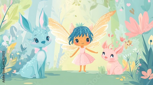 Enchanting Cartoon Fairy with Woodland Creatures in Pastel Colors - Vector Illustration in Cartooning Style