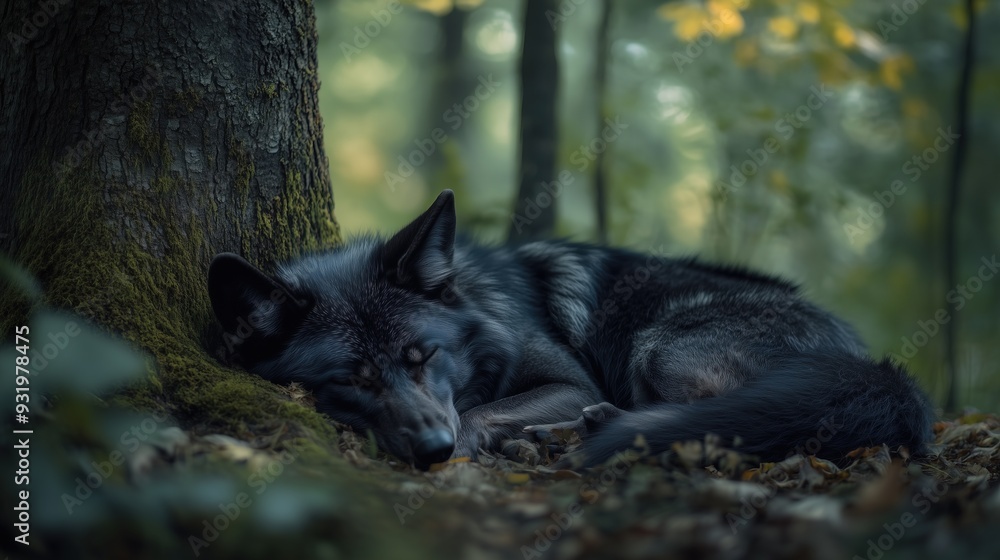 Fototapeta premium Black beautiful sleeping wolf in the forest under a tree