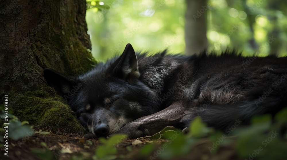 Black beautiful sleeping wolf in the forest under a tree Black beautiful sleeping wolf in the forest under a tree
