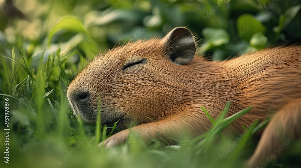 Cute sleeping capybara in the grass Cute sleeping capybara in the grass