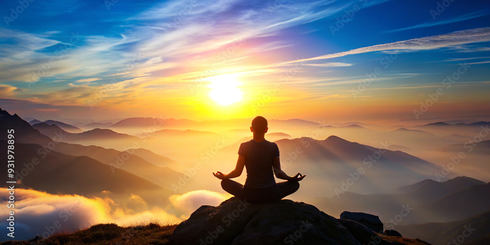 Silhouette of a person meditating on a mountain ridge during sunrise Silhouette of a person meditating on a mountain ridge during sunrise