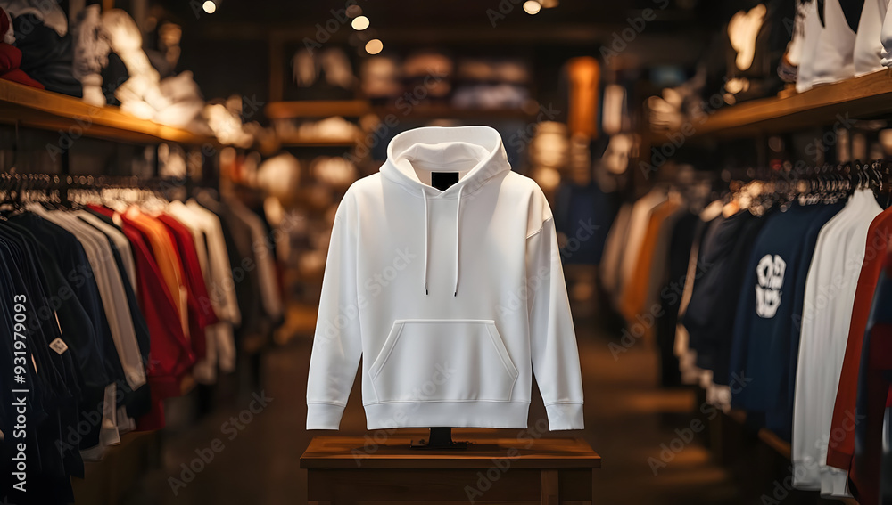 Fototapeta premium Front view of a trendy white hoodie displayed in a modern clothing store, surrounded by various stylish apparel.