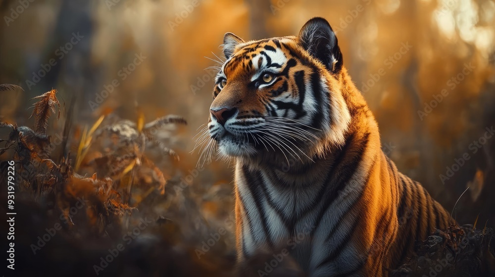 Naklejka premium A tiger in its natural habitat, blending power and grace, highlighting the importance of preserving endangered wildlife.