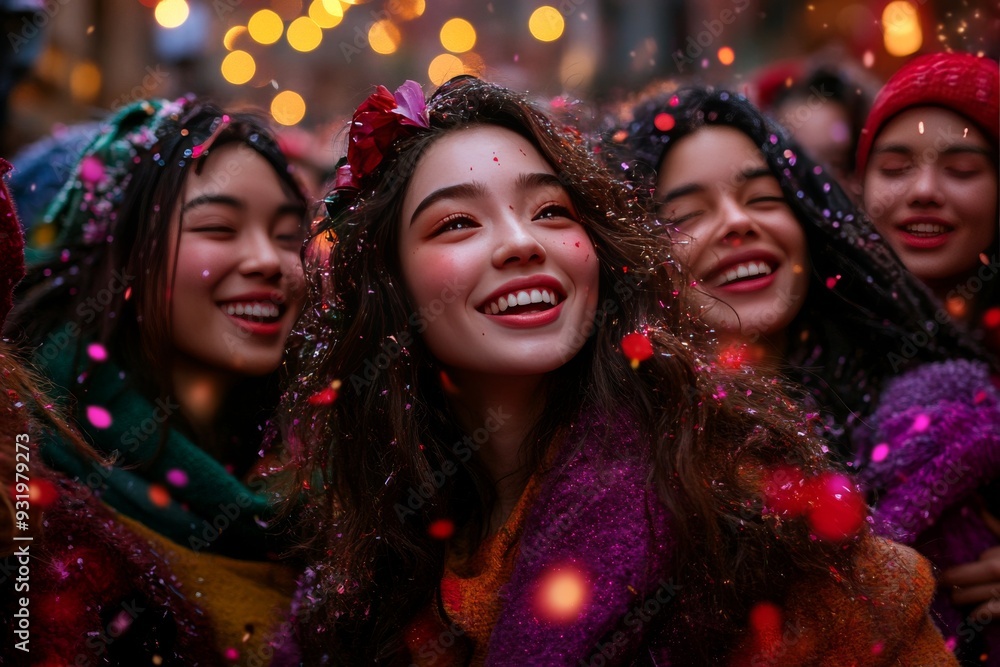 Group of friends celebrating together under a shower of confetti smiling and laughing in a lively and colorful street party filled with joy happiness and vibrant energy Group of friends celebrating together under a shower of confetti smiling and laughing in a lively and colorful street party filled with joy happiness and vibrant energy
