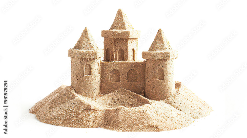 A sand castle with three towers is sitting on a sandy hill A sand castle with three towers is sitting on a sandy hill