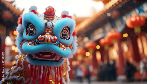 Vibrant lion dance costume showcased in festive decor with colorful lanterns, symbolizing celebration and cultural heritage.