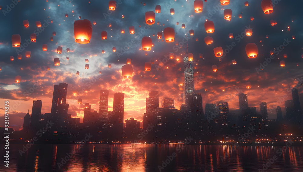 Majestic city skyline at sunset, adorned with floating lanterns illuminating the evening sky, reflecting on serene water. Majestic city skyline at sunset, adorned with floating lanterns illuminating the evening sky, reflecting on serene water.