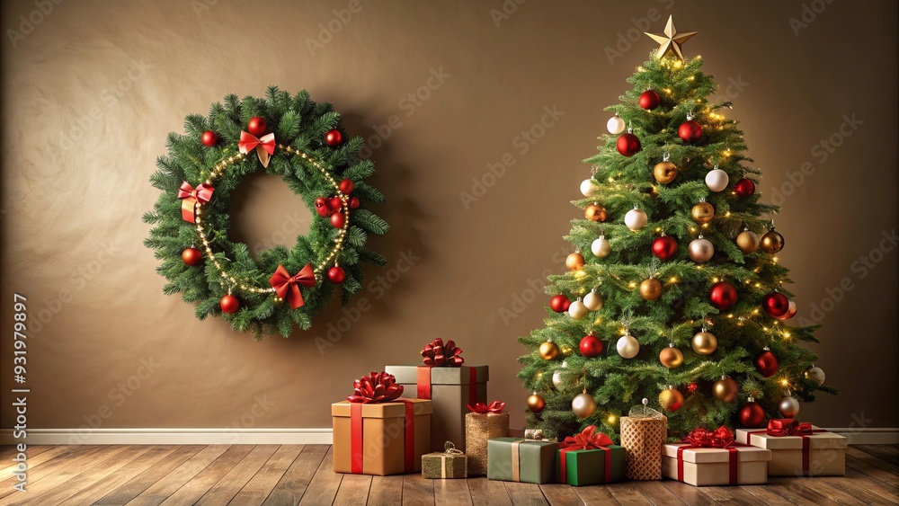 Festive Christmas tree with decorated wreaths, gifts, and holiday decorations Festive Christmas tree with decorated wreaths, gifts, and holiday decorations