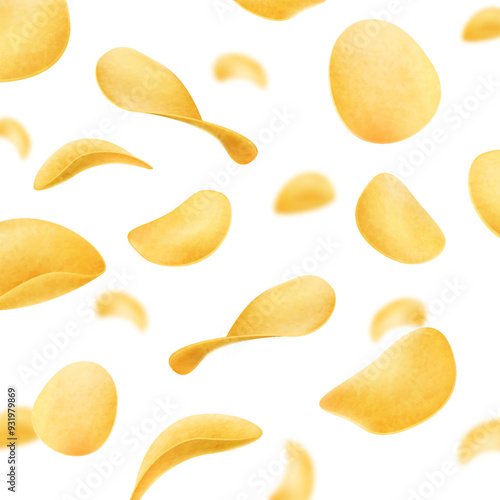Flying and falling realistic potato snacks isolated on white background. Potato chips or snacks junk food. Elements for advertising or packaging.