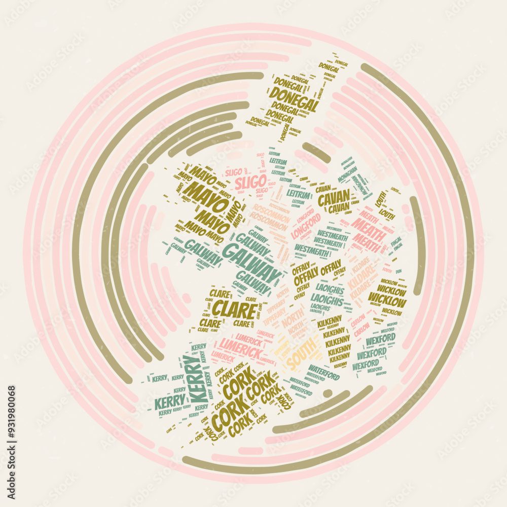 Fototapeta premium Ireland Round Poster. Typography style image of a country. Regions word clouds of Ireland. Vintage image design with scratch texture.