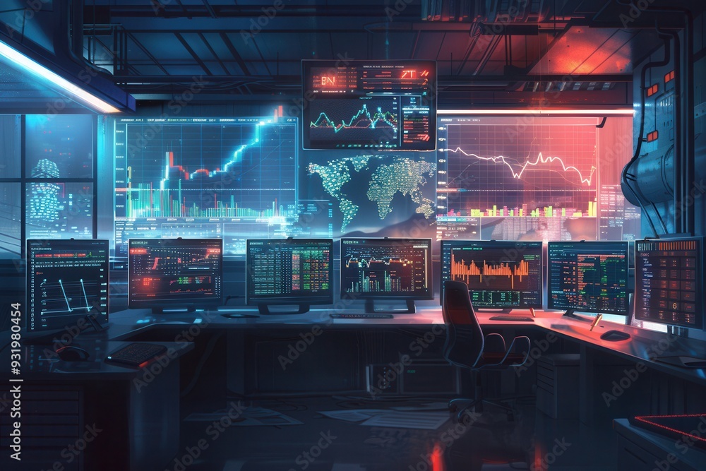 A high-tech interface shows fluctuating market values of multiple cryptocurrencies, highlighting trends and data analysis in a trading hub. Generative AI A high-tech interface shows fluctuating market values of multiple cryptocurrencies, highlighting trends and data analysis in a trading hub. Generative AI