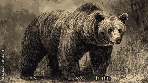 Artistic rendering of a brown bear in engraving style, with fine lines capturing its strength and natural majesty. photo