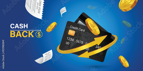 Cash back credit card with cashback icon and flying coins on blue background. Credit or debit card refund money, online payment, Money-saving, money transfer, coins. 3d vector illustration