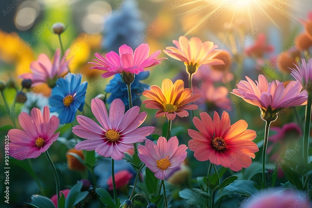 A field of flowers with a bright sun shining on them A field of flowers with a bright sun shining on them