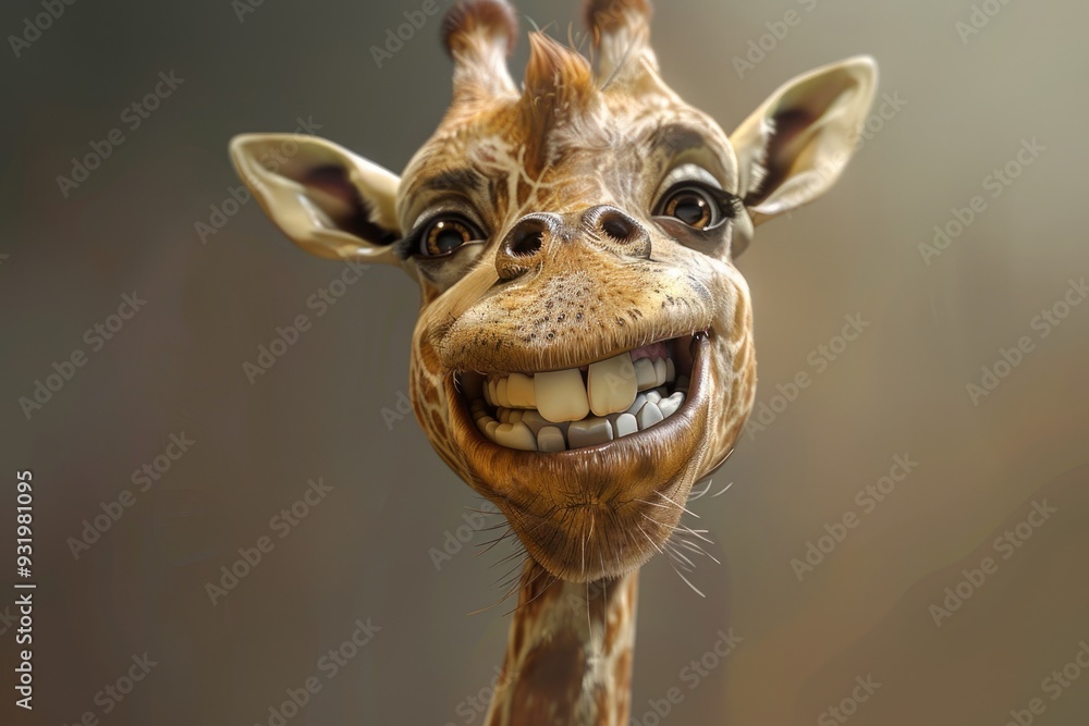 Naklejka premium Smiling Cartoon Giraffe with Big Eyes in Warm Autumn Light