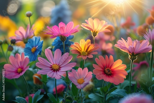 A field of flowers with a bright sun shining on them