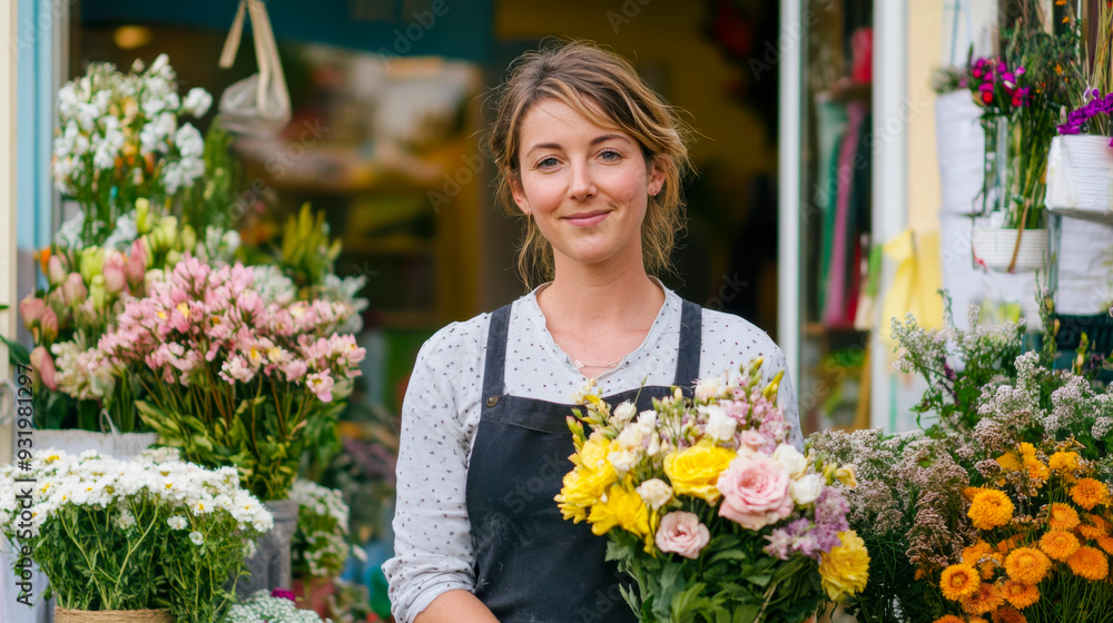 Fototapeta premium Florist stands proudly with a vibrant bouquet in front of her flower shop on a sunny day