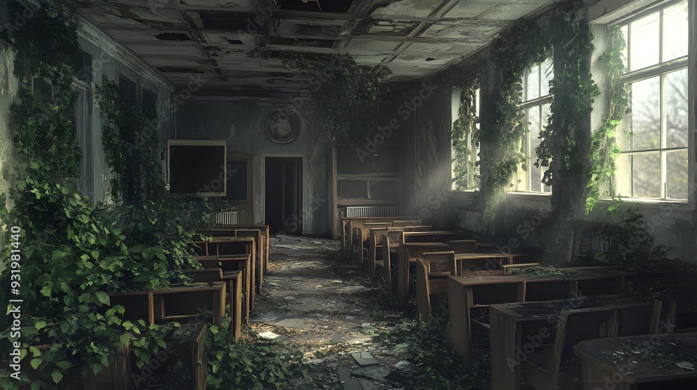 54. **A deserted college dormitory with rooms covered in dust and plant life 54. **A deserted college dormitory with rooms covered in dust and plant life