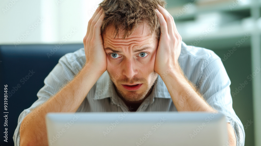 Frustrated man holding his head in disbelief while looking at a laptop screen in a modern workspace Frustrated man holding his head in disbelief while looking at a laptop screen in a modern workspace