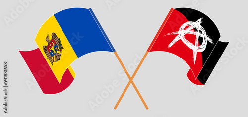Crossed and waving flags of Moldova and Anarchy
