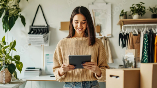 Woman in a beige sweater smiling while using a tablet in a clothing store during daylight photo