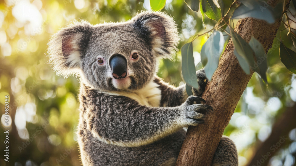Fototapeta premium A koala in its natural eucalyptus tree habitat.