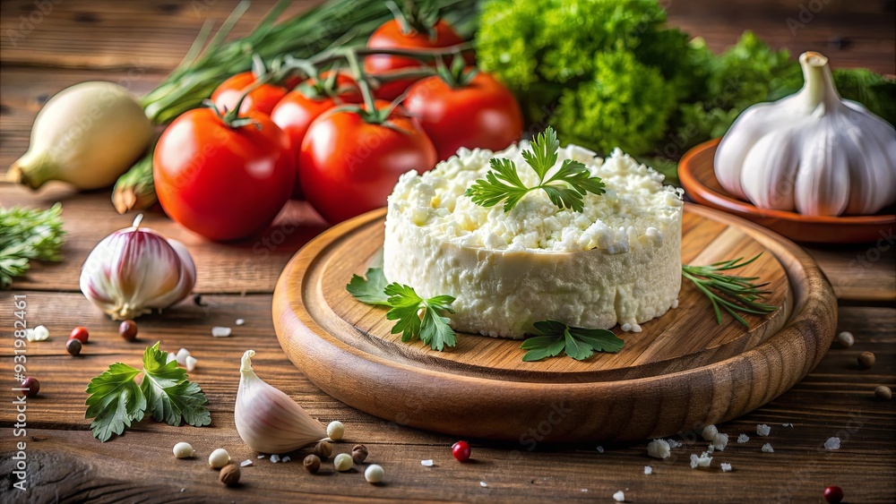 Close up of fresh ricotta cheese with shredded cheese, greens, tomatoes, and garlic on a wooden table Close up of fresh ricotta cheese with shredded cheese, greens, tomatoes, and garlic on a wooden table