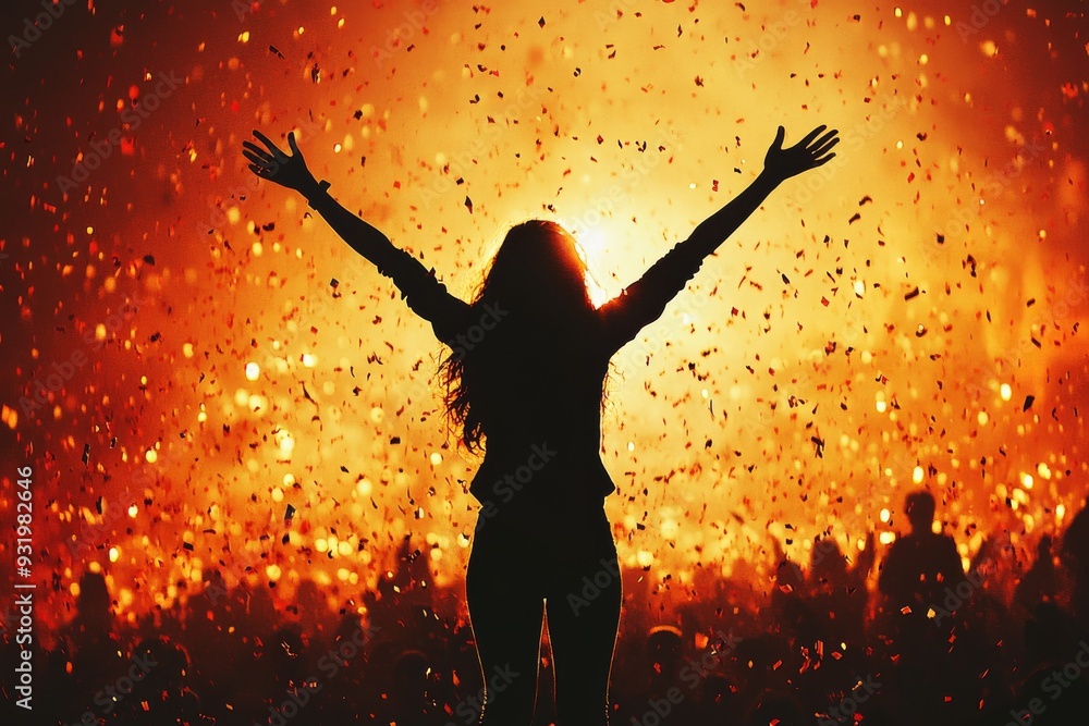 Woman Raising Her Hands in Celebration Immersed in the Golden Glow of a Nighttime Music Festival Capturing the Thrill and Freedom of Live Music Woman Raising Her Hands in Celebration Immersed in the Golden Glow of a Nighttime Music Festival Capturing the Thrill and Freedom of Live Music
