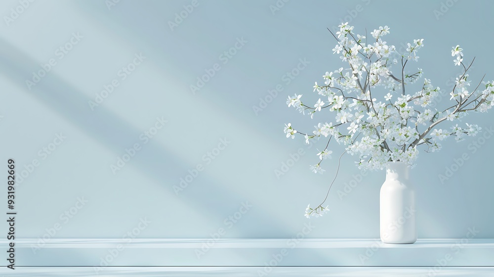White Blossoms in a White Vase Against a Blue Wall White Blossoms in a White Vase Against a Blue Wall