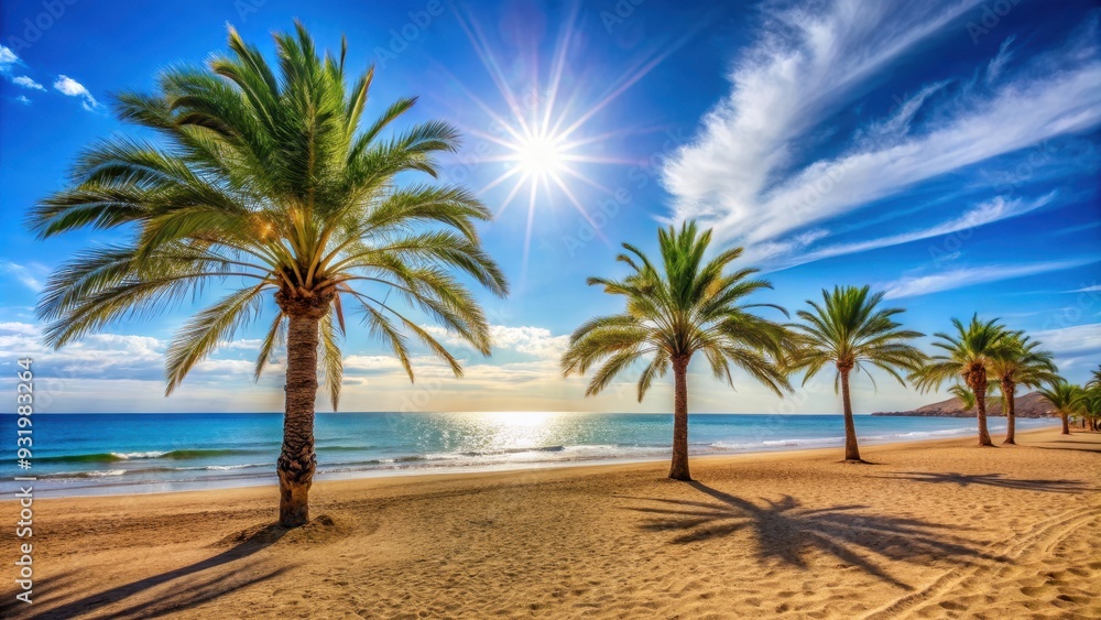 Vibrant of summer in Spain with beach, sun, palm trees, and vibrant colors, Spain, summer,beach, sun, palm trees, vibrant Vibrant of summer in Spain with beach, sun, palm trees, and vibrant colors, Spain, summer,beach, sun, palm trees, vibrant