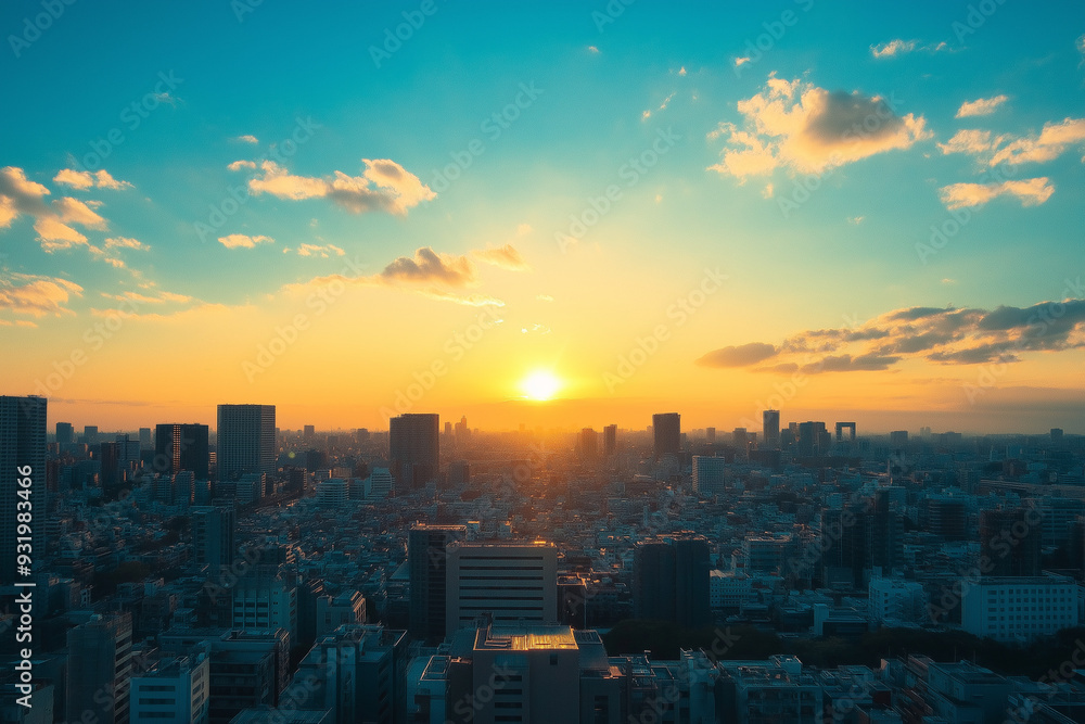 Fototapeta premium Captivating sunset over a bustling city skyline, highlighting the contrast between vibrant sky colors and urban architecture, creating a serene yet dynamic atmosphere.