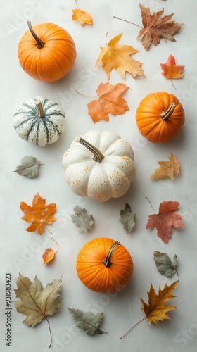 Autumnal flat lay composition featuring pumpkins and colorful leaves