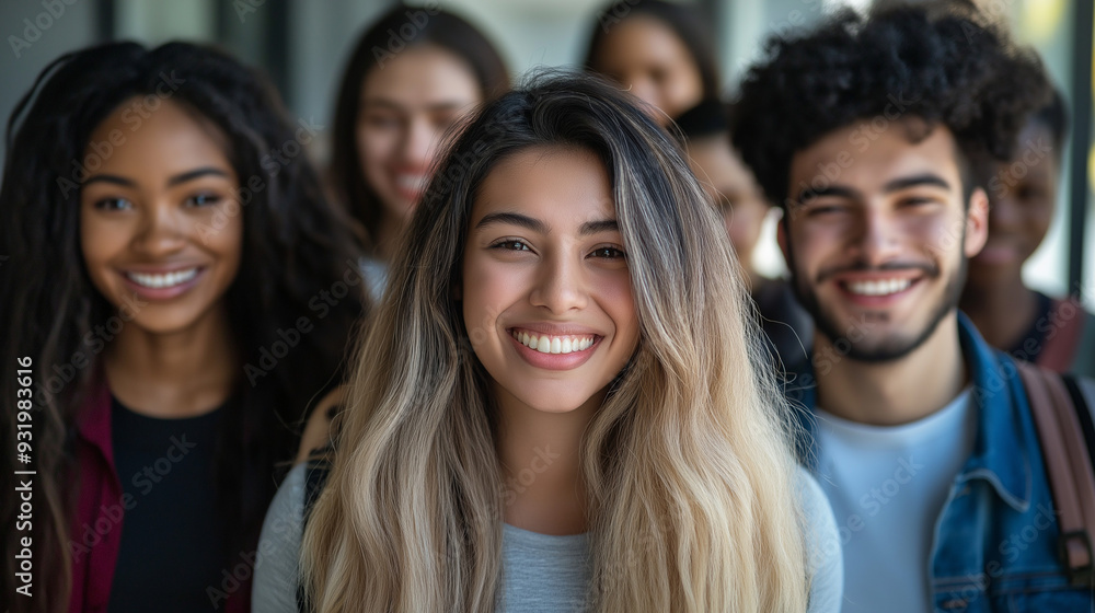 Fototapeta premium Close-up of cheerful young adults in a group setting, exuding happiness and diversity. Captures the essence of friendship and unity.