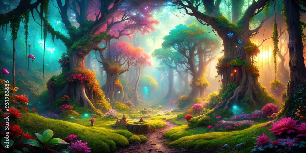Fototapeta premium Enchanting forest with vibrant colors and mystical creatures, Magical, fantasy, forest, fairytale, whimsical, vibrant