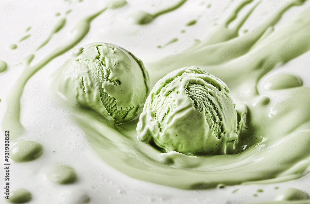 Fresh Pistachio Ice Cream Scoops Splashing Fresh Pistachio Ice Cream Scoops Splashing