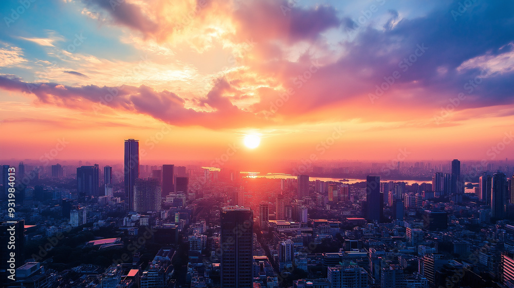 Fototapeta premium A breathtaking cityscape at sunset, showcasing vibrant skies and a sprawling skyline. The urban environment merges with the natural beauty, offering a serene and colorful landscape.