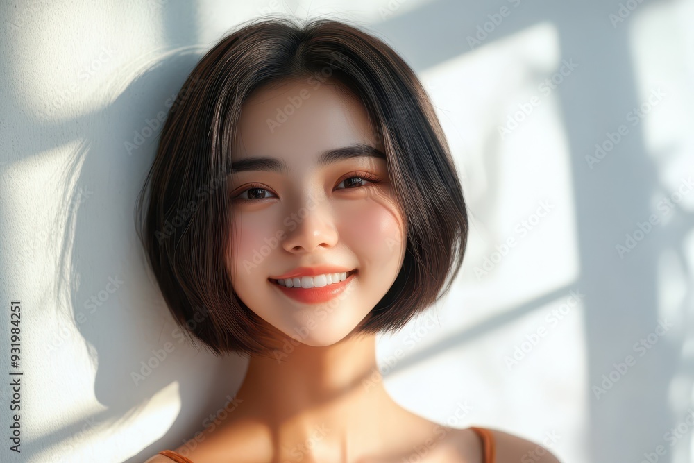 Close-up portrait of a smiling modern fashion model with a bob haircut, wearing a beige sweater, standing against a light background. Close-up portrait of a smiling modern fashion model with a bob haircut, wearing a beige sweater, standing against a light background.