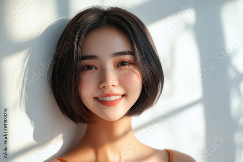 Close-up portrait of a smiling modern fashion model with a bob haircut, wearing a beige sweater, standing against a light background. Free Download Close-up portrait of a smiling modern fashion model with a bob haircut, wearing a beige sweater, standing against a light background. - GFXLoad