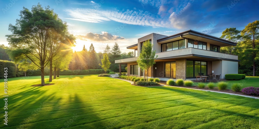 Tranquil morning landscape featuring a modern home, spacious green lawn, beautiful trees, and soft sunlight Tranquil morning landscape featuring a modern home, spacious green lawn, beautiful trees, and soft sunlight