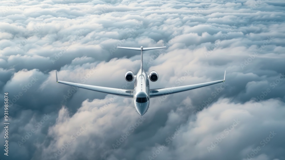 The plane flies high above the white clouds. The plane flies high above the white clouds.