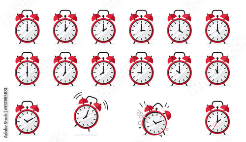 Red Alarm Clock in flat style simple vector illustration set isolated on white. Collection of clock with every hour arrow position, broken, ringing clock and others.