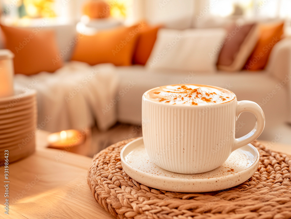 Warm cappuccino served in cozy living room, steaming coffee cup on a knitted coaster, inviting autumn morning Warm cappuccino served in cozy living room, steaming coffee cup on a knitted coaster, inviting autumn morning