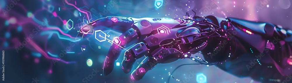 Fototapeta premium Cyborg Witch Casting Glowing Digital Spells in Halloween Fusion of Magic and Technology