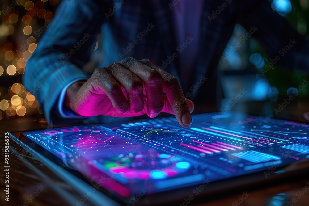 A man is pointing at a screen with a lot of numbers and graphs A man is pointing at a screen with a lot of numbers and graphs