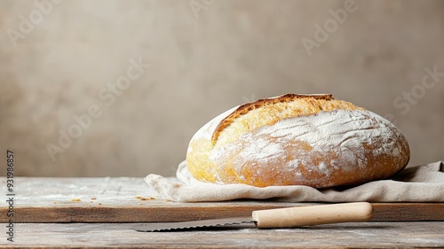 Single loaf of bread with butter knife on a minimalist wooden table. photo