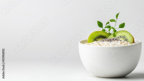 Minimalist composition of oatmeal with kiwi and chia seeds on a white plate.