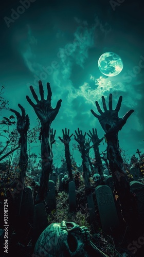 Zombies' hands emerge from graves in a misty graveyard beneath a full moon, creating a chilling atmosphere