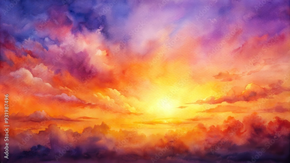 Naklejka premium Sunset sky watercolor background with shades of orange and purple , sunset, sky, watercolor, abstract, background, orange